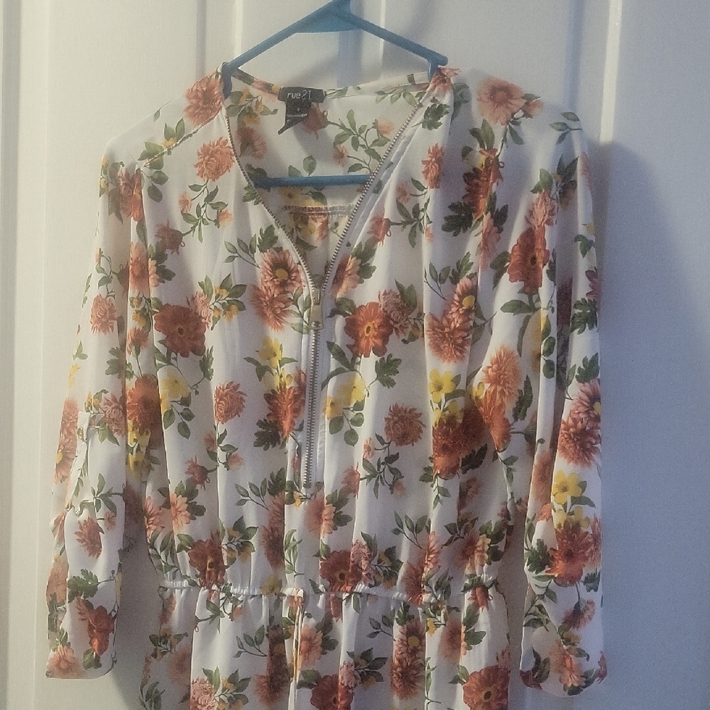 Pur Floral Zip-Front Blouse - Red, Orange, Yellow